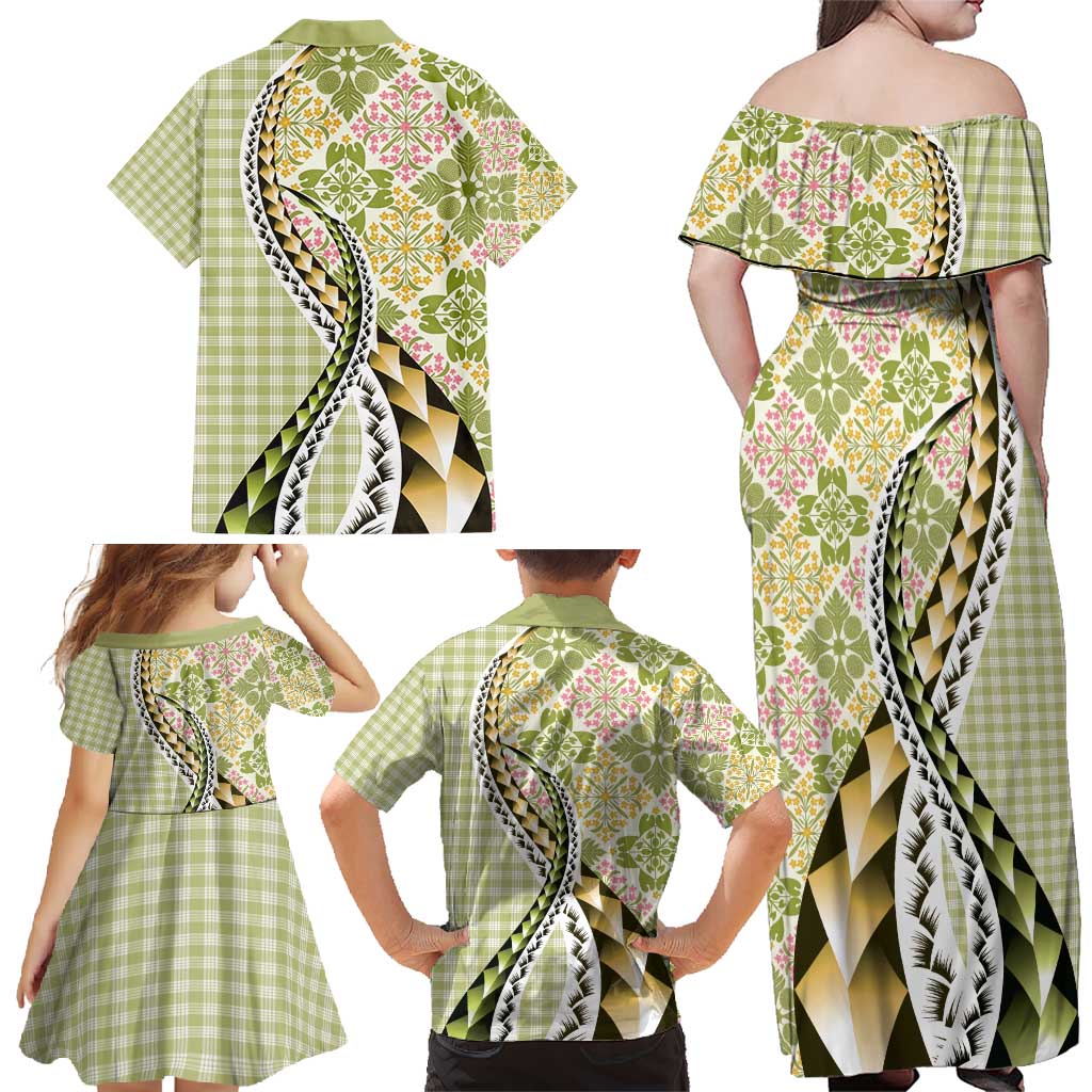 Aloha Vintage Palaka Floral Hawaiian Quilt Family Matching Off Shoulder Maxi Dress and Hawaiian Shirt Omaomao Motif - Polynesian Pride