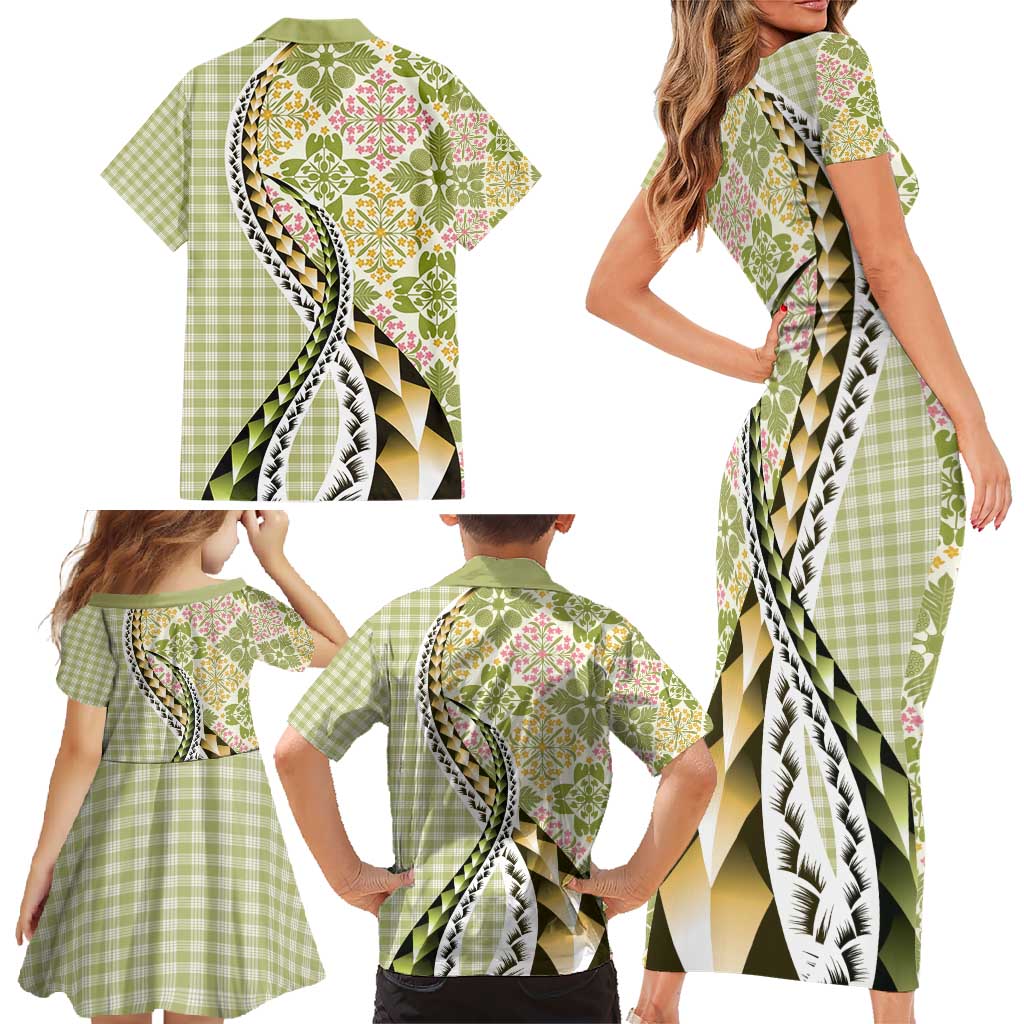 Aloha Vintage Palaka Floral Hawaiian Quilt Family Matching Short Sleeve Bodycon Dress and Hawaiian Shirt Omaomao Motif - Polynesian Pride