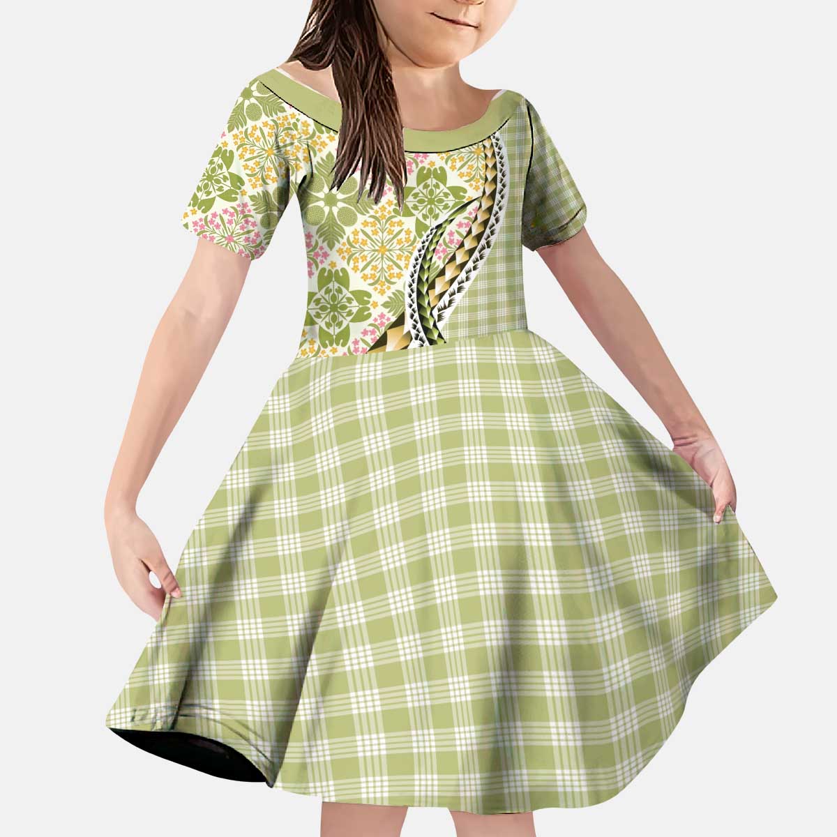 Aloha Vintage Palaka Floral Hawaiian Quilt Kid Short Sleeve Dress Omaomao Motif - Polynesian Pride