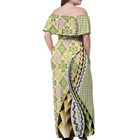 Aloha Vintage Palaka Floral Hawaiian Quilt Off Shoulder Maxi Dress Omaomao Motif - Polynesian Pride