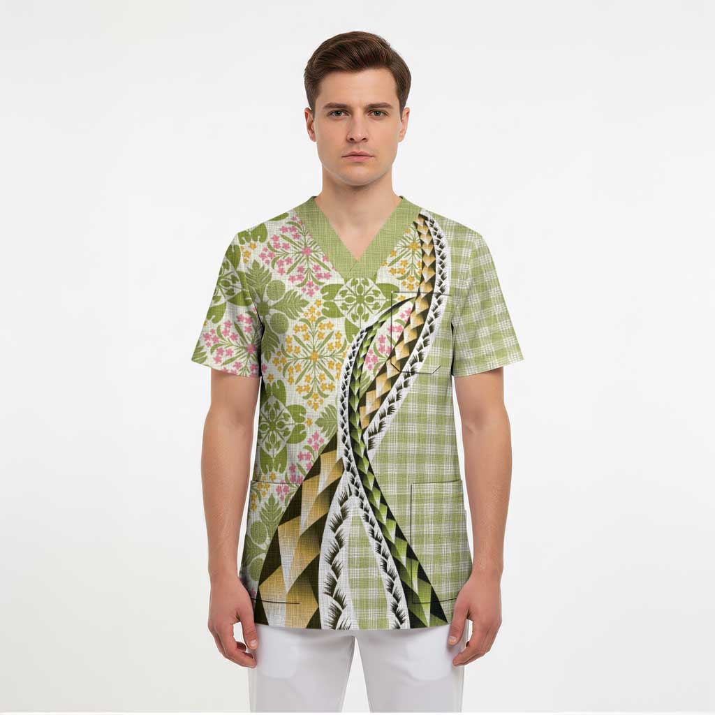 Aloha Vintage Palaka Floral Hawaiian Quilt Scrub Top Omaomao Motif - Polynesian Pride