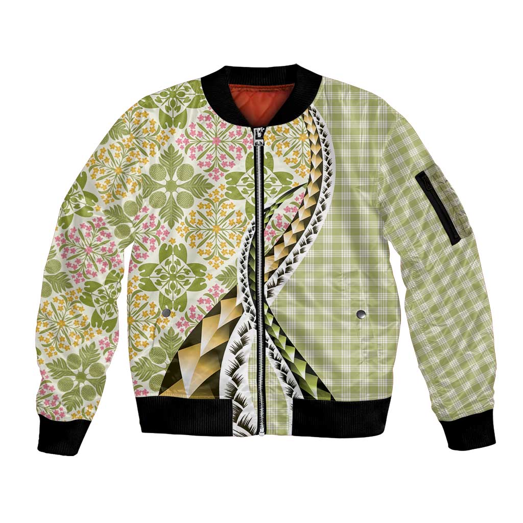 Aloha Vintage Palaka Floral Hawaiian Quilt Sleeve Zip Bomber Jacket Omaomao Motif - Polynesian Pride