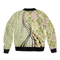 Aloha Vintage Palaka Floral Hawaiian Quilt Sleeve Zip Bomber Jacket Omaomao Motif - Polynesian Pride