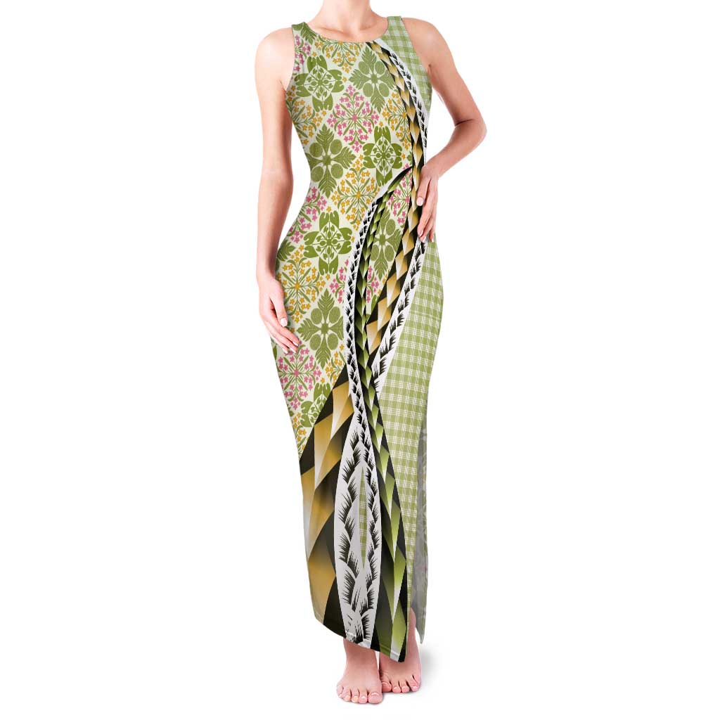Aloha Vintage Palaka Floral Hawaiian Quilt Tank Maxi Dress Omaomao Motif - Polynesian Pride