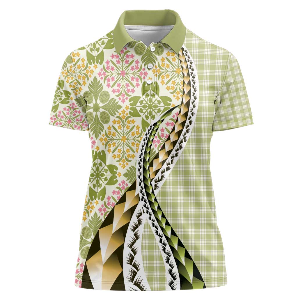 Aloha Vintage Palaka Floral Hawaiian Quilt Women Polo Shirt Omaomao Motif - Polynesian Pride