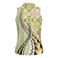 Aloha Vintage Palaka Floral Hawaiian Quilt Women Sleeveless Polo Shirt Omaomao Motif - Polynesian Pride