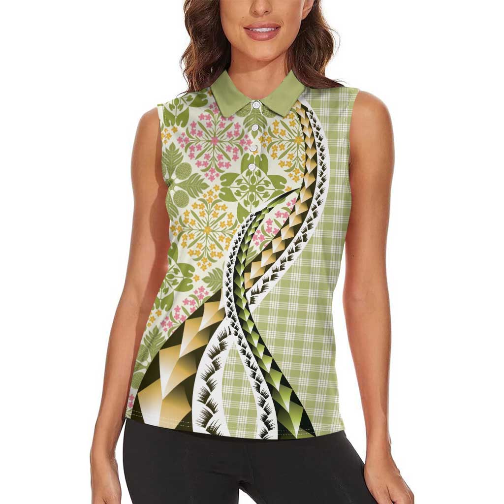Aloha Vintage Palaka Floral Hawaiian Quilt Women Sleeveless Polo Shirt Omaomao Motif - Polynesian Pride