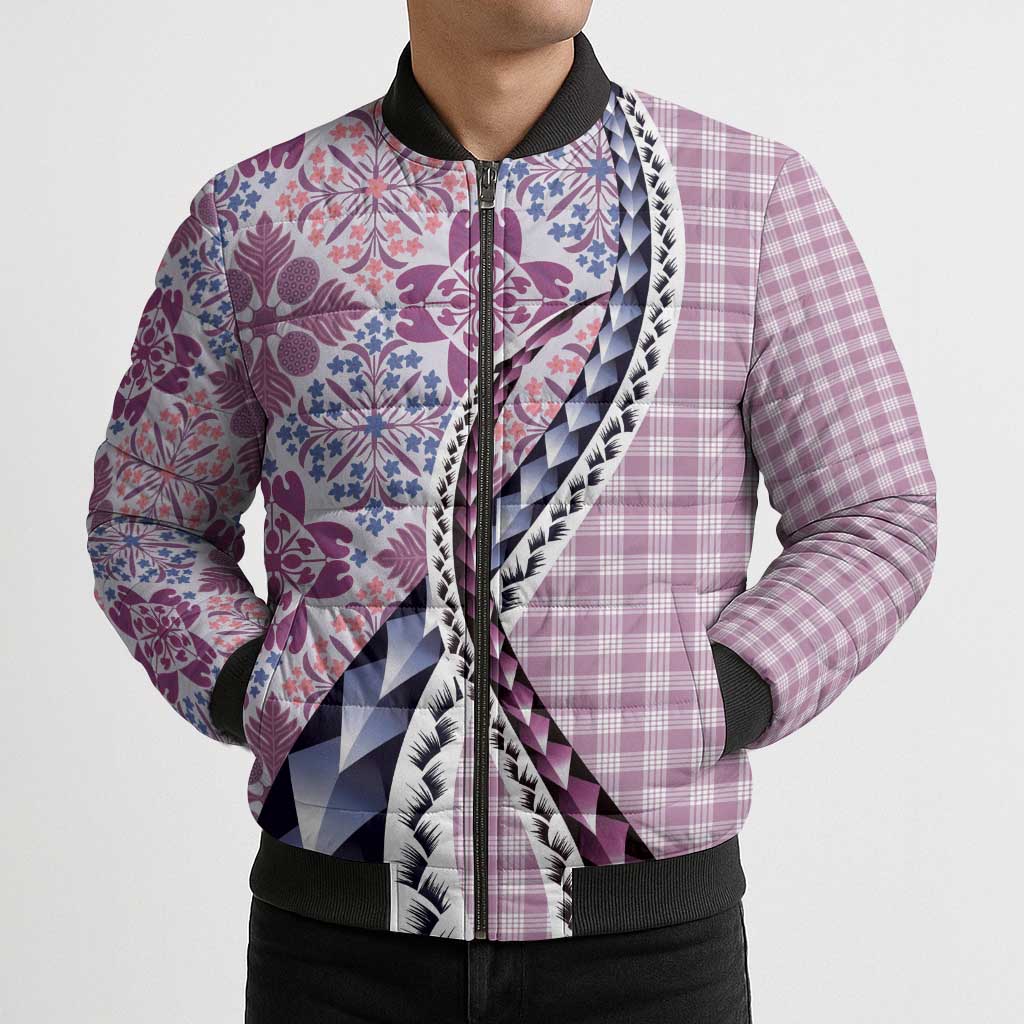 Aloha Vintage Palaka Floral Hawaiian Quilt Bomber Puffer Jacket Akala Motif - Polynesian Pride