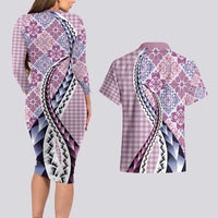 Aloha Vintage Palaka Floral Hawaiian Quilt Couples Matching Long Sleeve Bodycon Dress and Hawaiian Shirt Akala Motif - Polynesian Pride