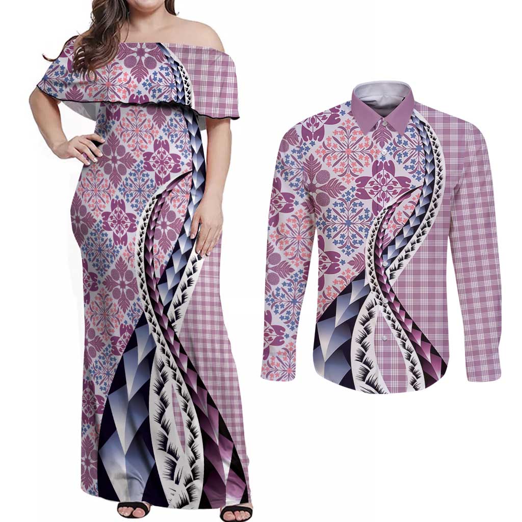 Aloha Vintage Palaka Floral Hawaiian Quilt Couples Matching Off Shoulder Maxi Dress and Long Sleeve Button Shirt Akala Motif - Polynesian Pride