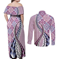 Aloha Vintage Palaka Floral Hawaiian Quilt Couples Matching Off Shoulder Maxi Dress and Long Sleeve Button Shirt Akala Motif - Polynesian Pride