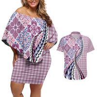 Aloha Vintage Palaka Floral Hawaiian Quilt Couples Matching Off Shoulder Short Dress and Hawaiian Shirt Akala Motif - Polynesian Pride