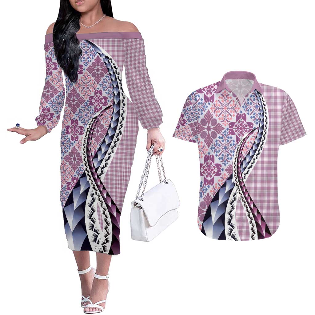 Aloha Vintage Palaka Floral Hawaiian Quilt Couples Matching Off The Shoulder Long Sleeve Dress and Hawaiian Shirt Akala Motif - Polynesian Pride