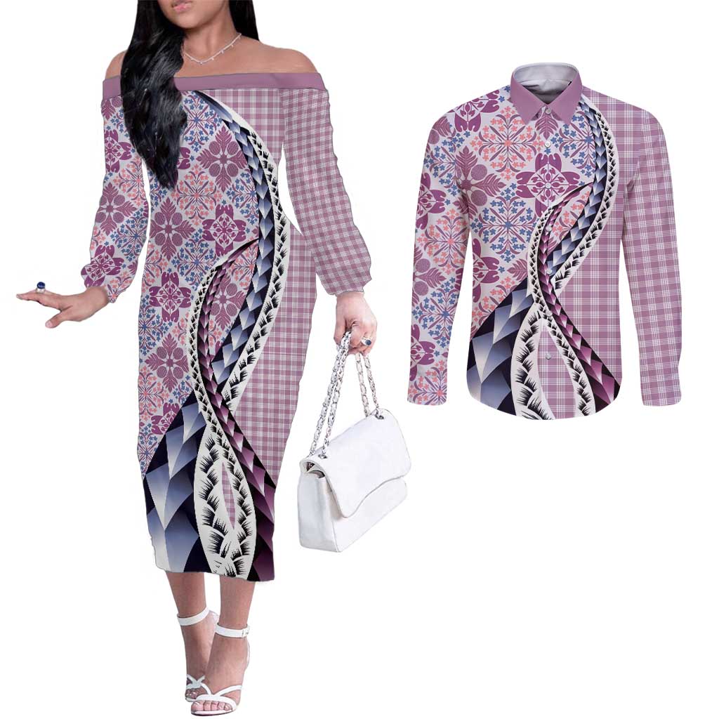 Aloha Vintage Palaka Floral Hawaiian Quilt Couples Matching Off The Shoulder Long Sleeve Dress and Long Sleeve Button Shirt Akala Motif - Polynesian Pride