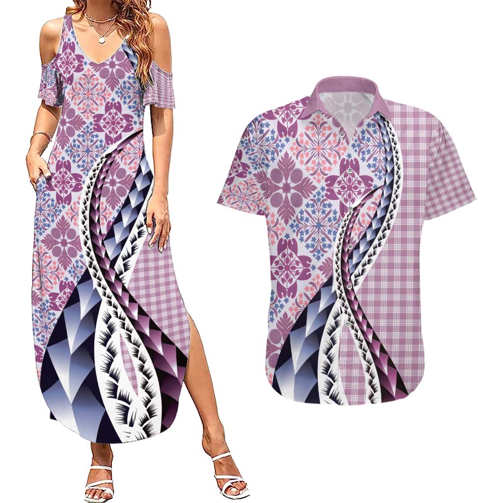 Aloha Vintage Palaka Floral Hawaiian Quilt Couples Matching Summer Maxi Dress and Hawaiian Shirt Akala Motif - Polynesian Pride