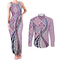 Aloha Vintage Palaka Floral Hawaiian Quilt Couples Matching Tank Maxi Dress and Long Sleeve Button Shirt Akala Motif - Polynesian Pride