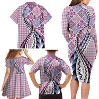 Aloha Vintage Palaka Floral Hawaiian Quilt Family Matching Long Sleeve Bodycon Dress and Hawaiian Shirt Akala Motif - Polynesian Pride