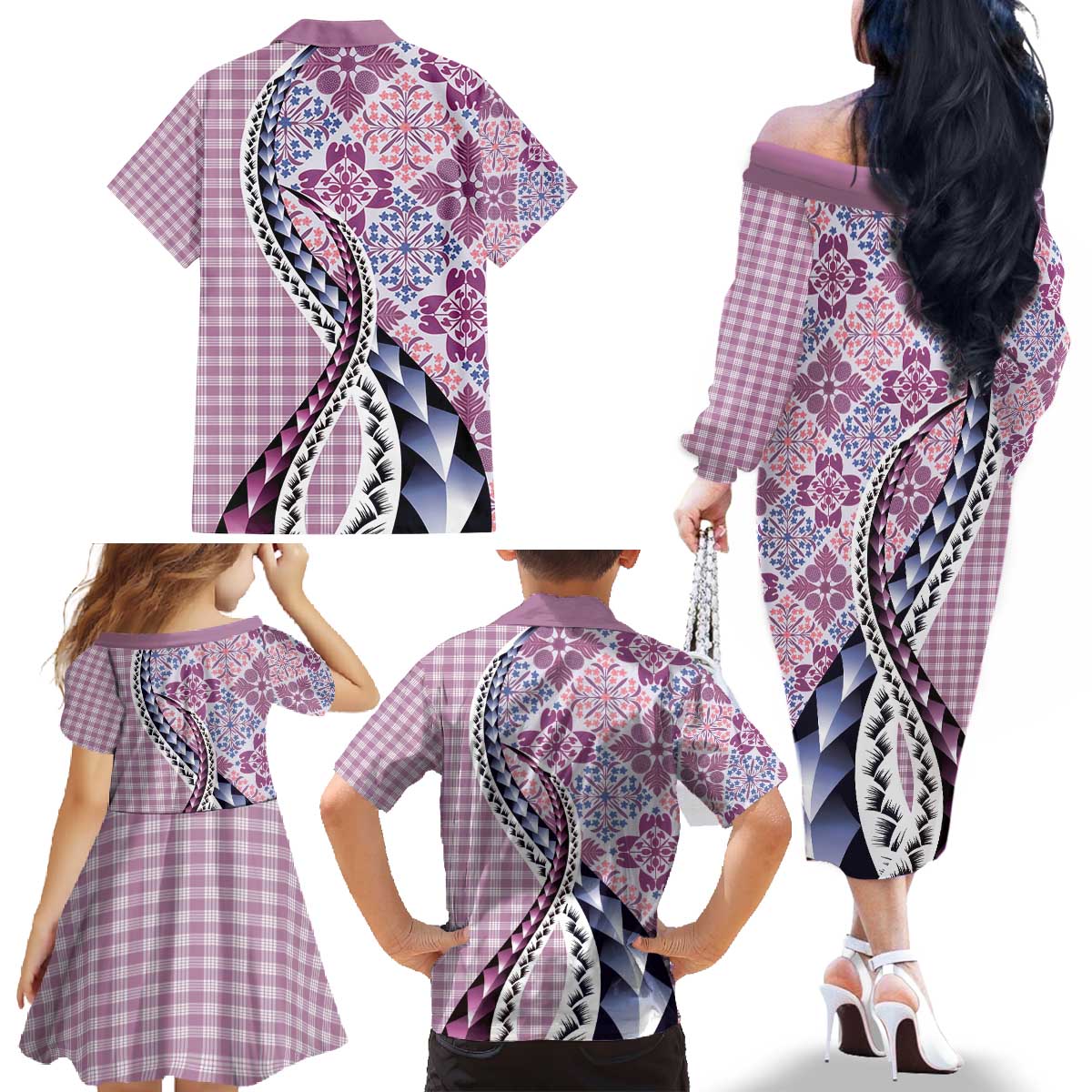 Aloha Vintage Palaka Floral Hawaiian Quilt Family Matching Off The Shoulder Long Sleeve Dress and Hawaiian Shirt Akala Motif - Polynesian Pride