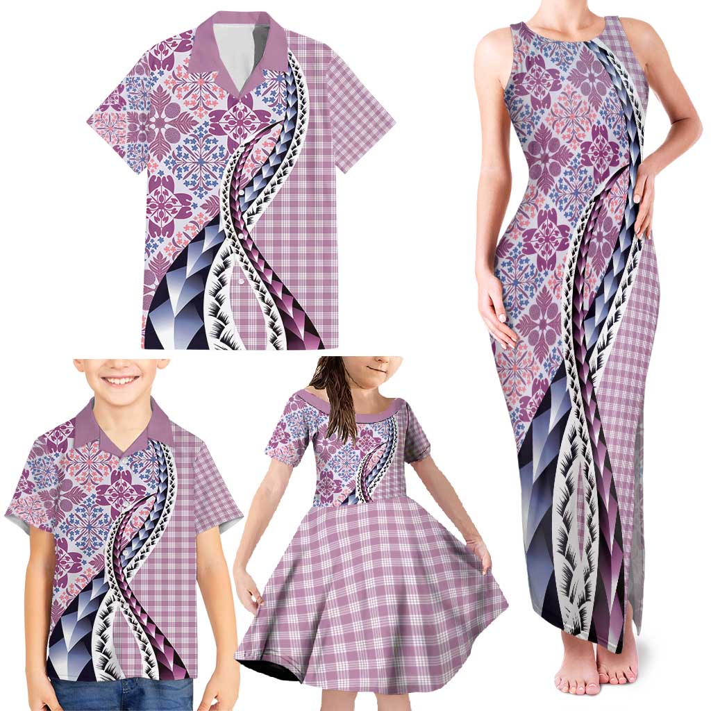 Aloha Vintage Palaka Floral Hawaiian Quilt Family Matching Tank Maxi Dress and Hawaiian Shirt Akala Motif - Polynesian Pride