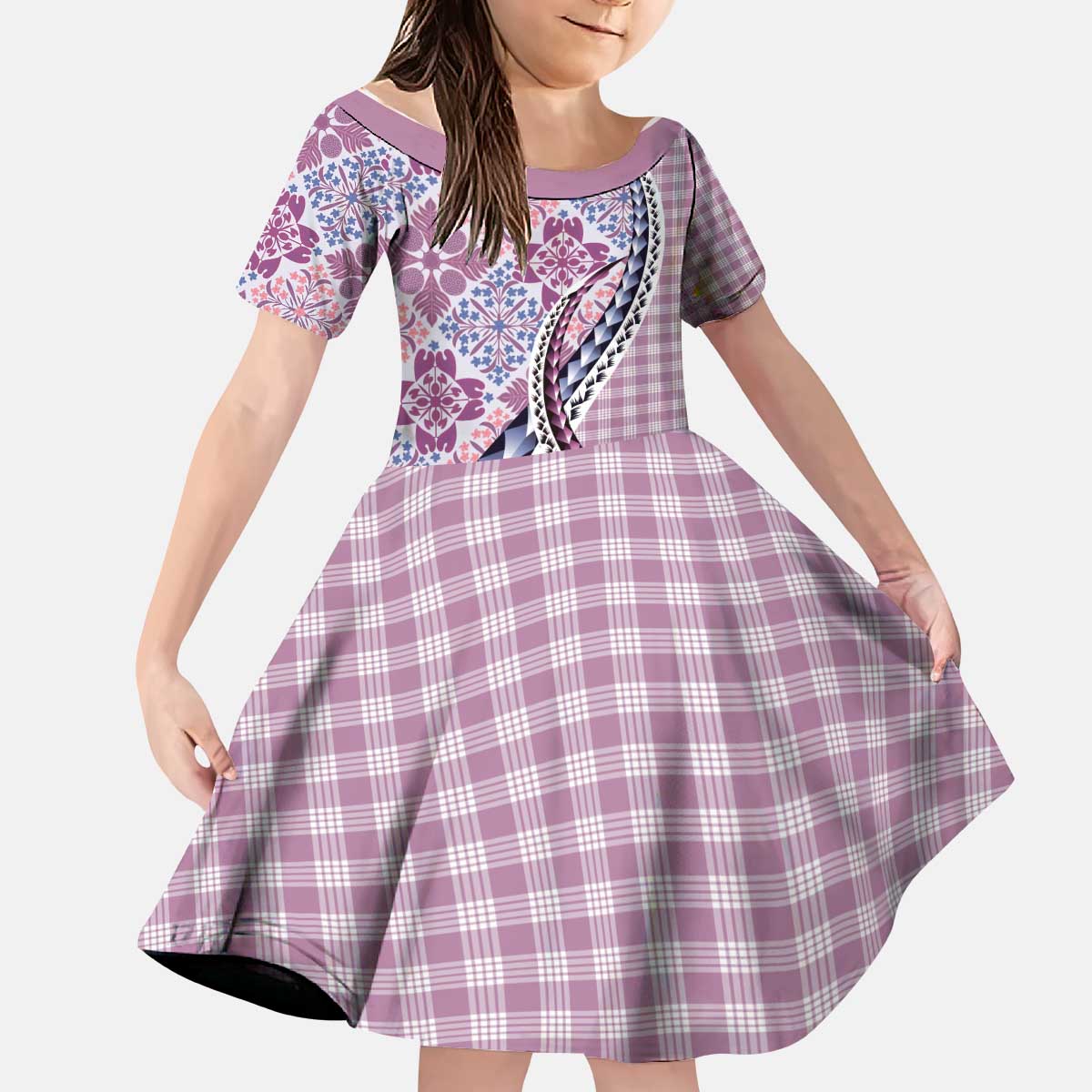 Aloha Vintage Palaka Floral Hawaiian Quilt Kid Short Sleeve Dress Akala Motif - Polynesian Pride