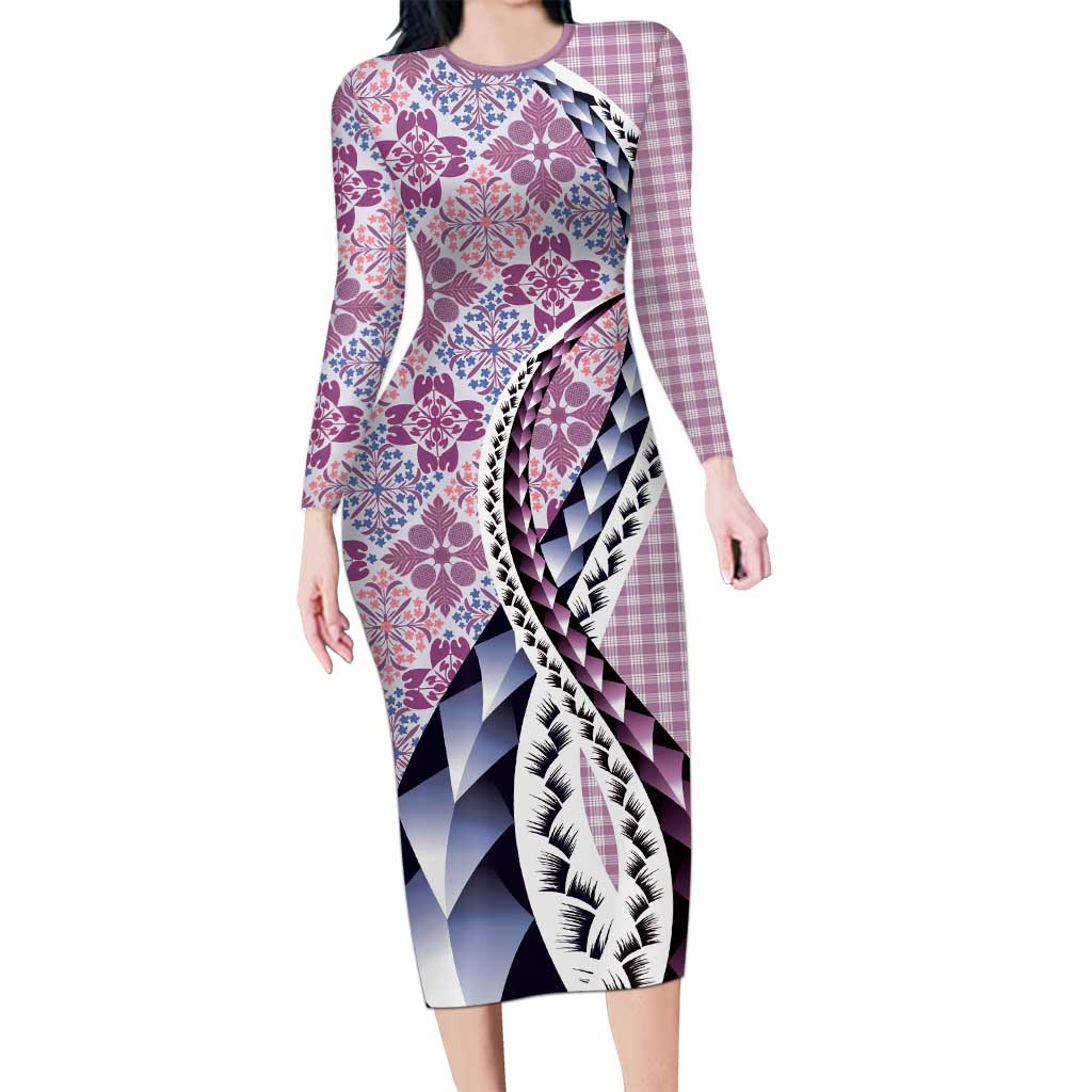 Aloha Vintage Palaka Floral Hawaiian Quilt Long Sleeve Bodycon Dress Akala Motif - Polynesian Pride