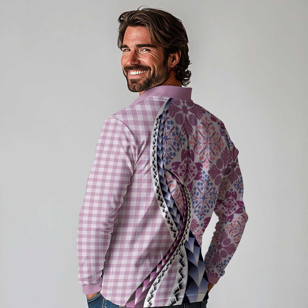 Aloha Vintage Palaka Floral Hawaiian Quilt Long Sleeve Polo Shirt Akala Motif - Polynesian Pride