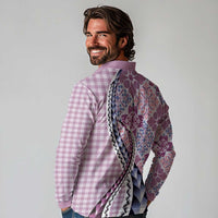 Aloha Vintage Palaka Floral Hawaiian Quilt Long Sleeve Polo Shirt Akala Motif - Polynesian Pride