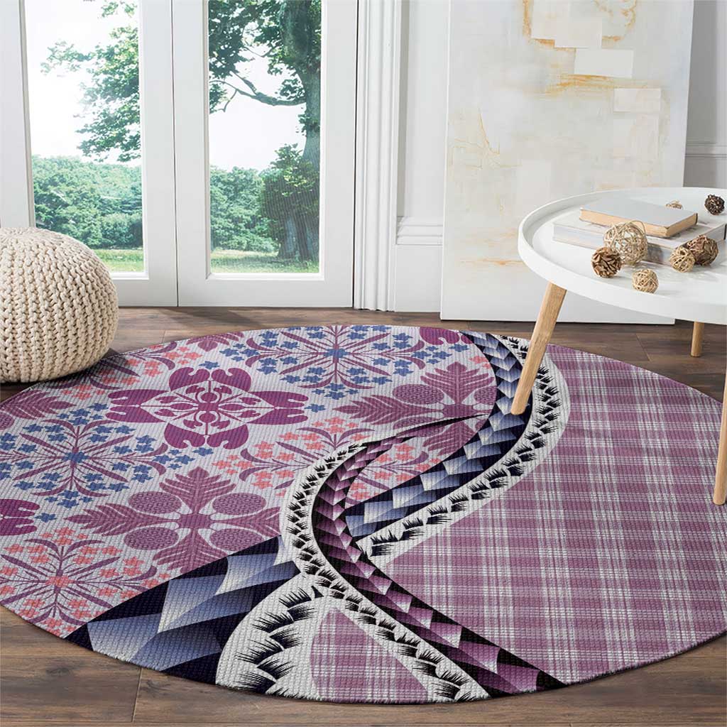 Aloha Vintage Palaka Floral Hawaiian Quilt Round Carpet Akala Motif - Polynesian Pride