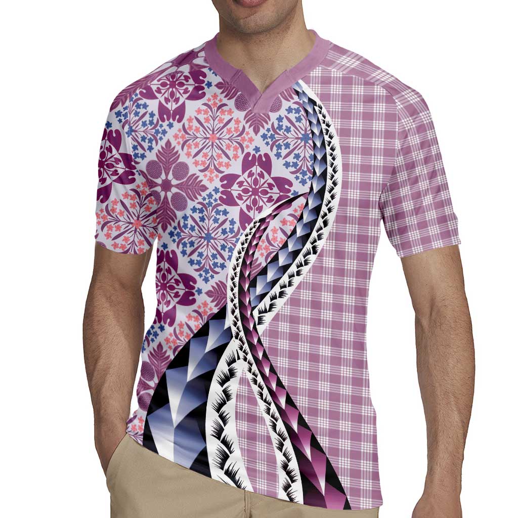 Aloha Vintage Palaka Floral Hawaiian Quilt Rugby Jersey Akala Motif - Polynesian Pride