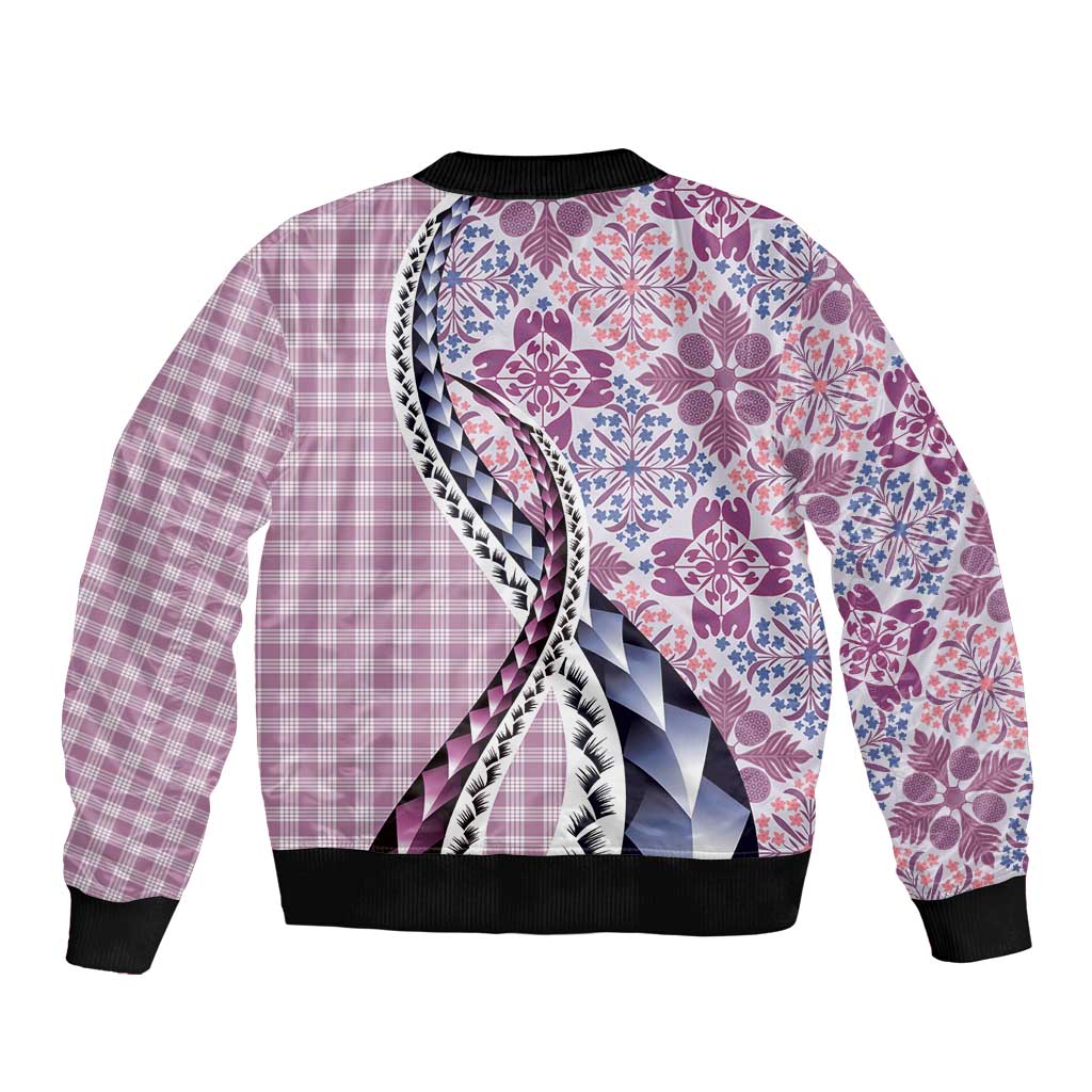 Aloha Vintage Palaka Floral Hawaiian Quilt Sleeve Zip Bomber Jacket Akala Motif - Polynesian Pride