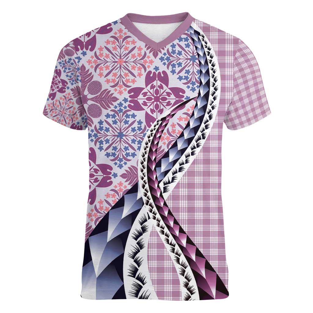Aloha Vintage Palaka Floral Hawaiian Quilt Women V-Neck T-Shirt Akala Motif - Polynesian Pride