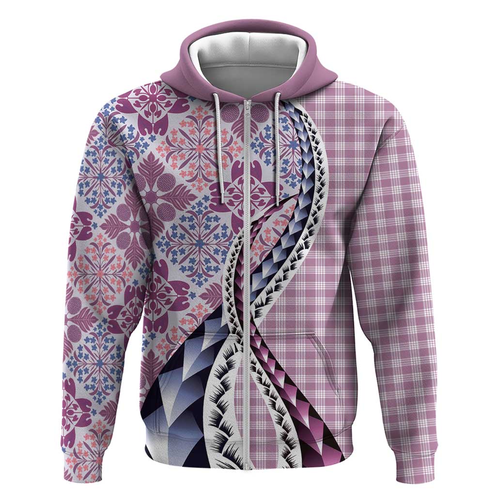 Aloha Vintage Palaka Floral Hawaiian Quilt Zip Hoodie Akala Motif - Polynesian Pride