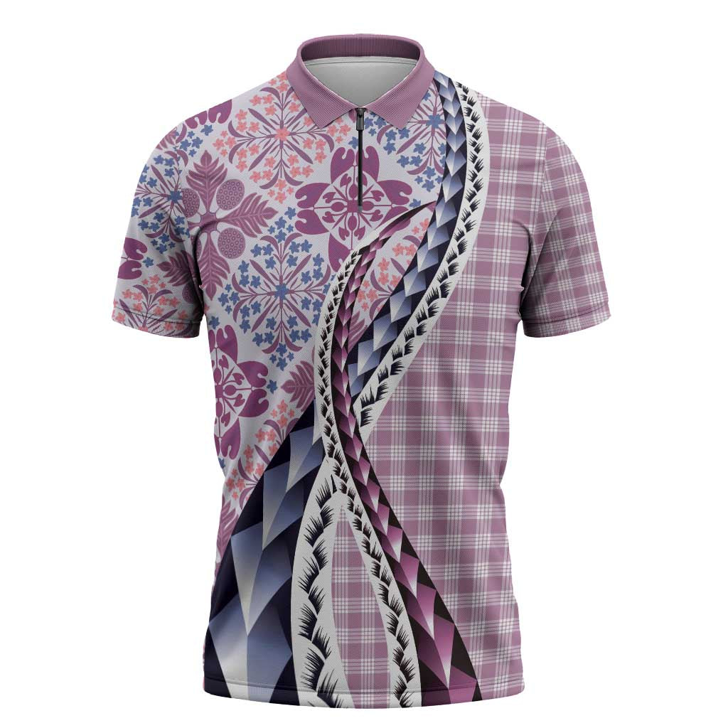 Aloha Vintage Palaka Floral Hawaiian Quilt Zipper Polo Shirt Akala Motif - Polynesian Pride
