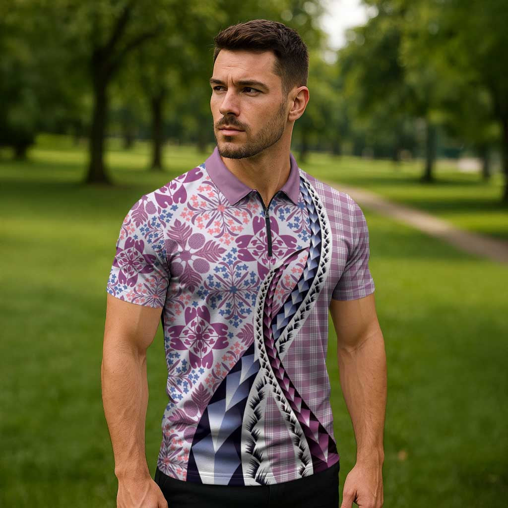 Aloha Vintage Palaka Floral Hawaiian Quilt Zipper Polo Shirt Akala Motif - Polynesian Pride