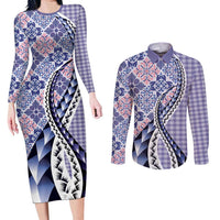 Aloha Vintage Palaka Floral Hawaiian Quilt Couples Matching Long Sleeve Bodycon Dress and Long Sleeve Button Shirt Poni Motif - Polynesian Pride