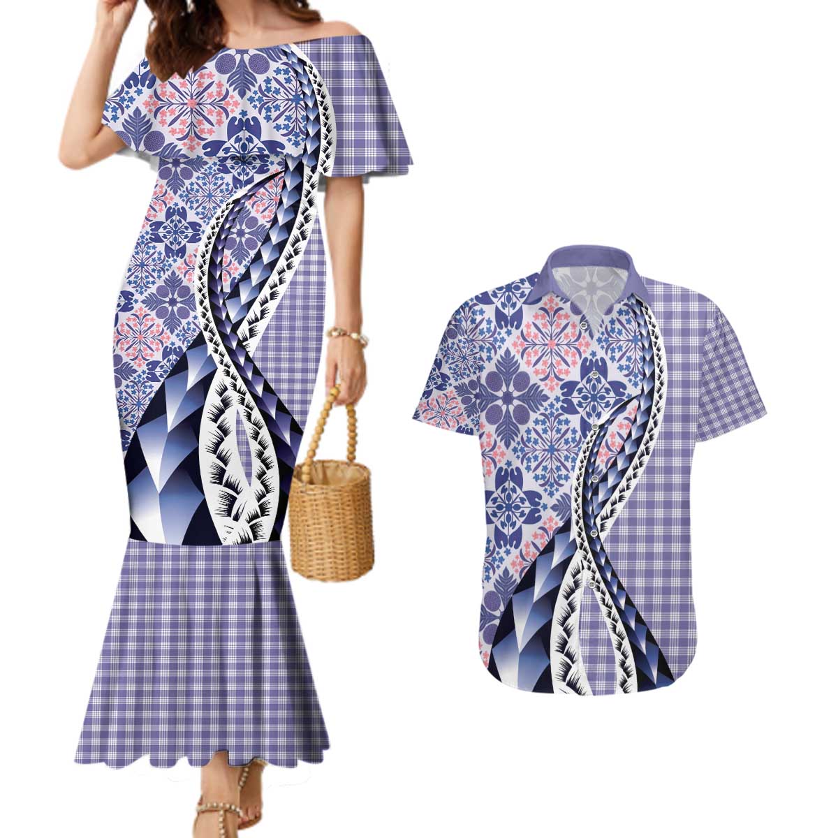 Aloha Vintage Palaka Floral Hawaiian Quilt Couples Matching Mermaid Dress and Hawaiian Shirt Poni Motif - Polynesian Pride