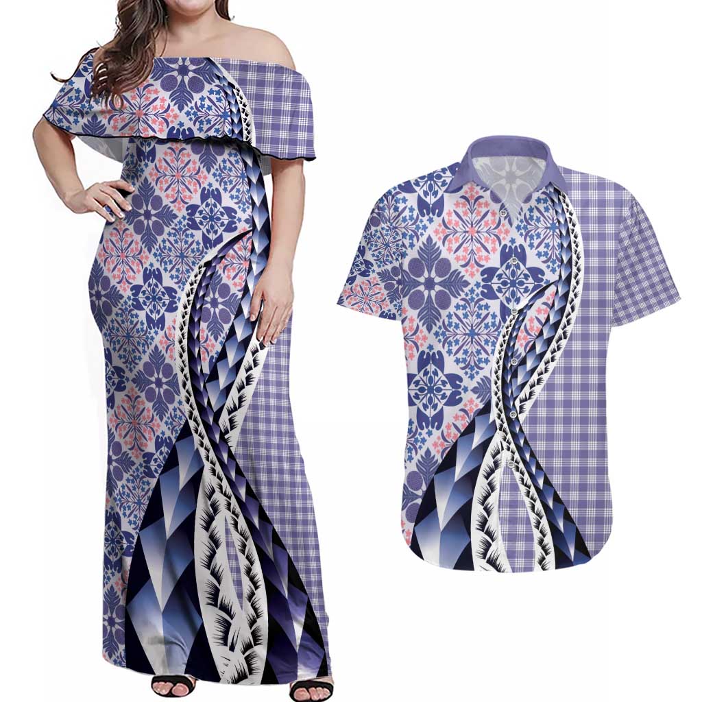 Aloha Vintage Palaka Floral Hawaiian Quilt Couples Matching Off Shoulder Maxi Dress and Hawaiian Shirt Poni Motif - Polynesian Pride