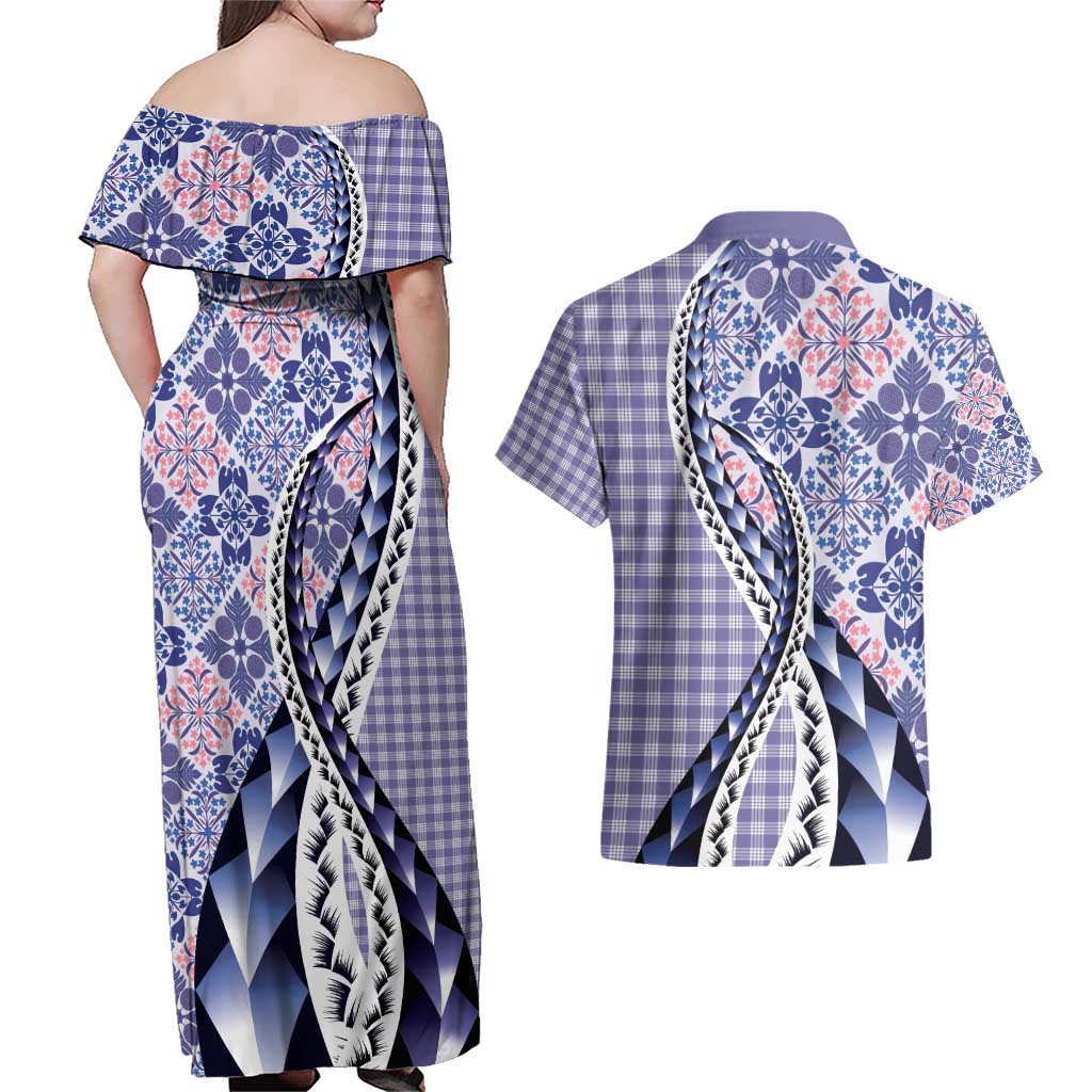 Aloha Vintage Palaka Floral Hawaiian Quilt Couples Matching Off Shoulder Maxi Dress and Hawaiian Shirt Poni Motif - Polynesian Pride