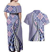 Aloha Vintage Palaka Floral Hawaiian Quilt Couples Matching Off Shoulder Maxi Dress and Hawaiian Shirt Poni Motif - Polynesian Pride