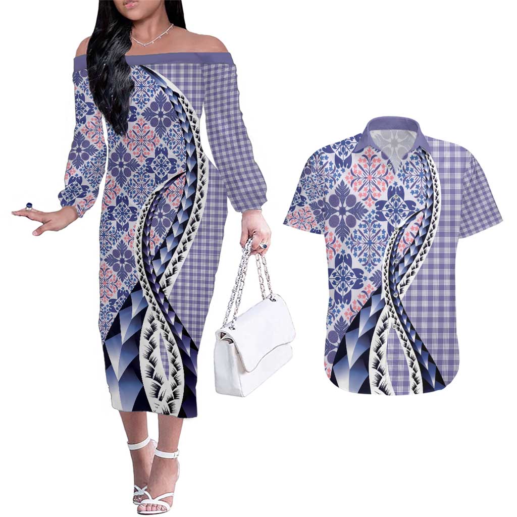 Aloha Vintage Palaka Floral Hawaiian Quilt Couples Matching Off The Shoulder Long Sleeve Dress and Hawaiian Shirt Poni Motif - Polynesian Pride