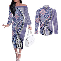 Aloha Vintage Palaka Floral Hawaiian Quilt Couples Matching Off The Shoulder Long Sleeve Dress and Long Sleeve Button Shirt Poni Motif - Polynesian Pride