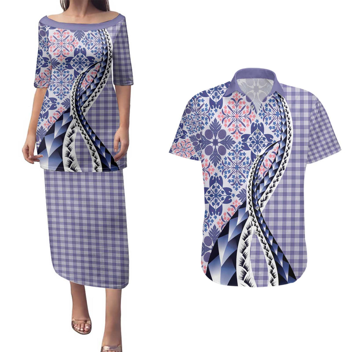 Aloha Vintage Palaka Floral Hawaiian Quilt Couples Matching Puletasi and Hawaiian Shirt Poni Motif - Polynesian Pride