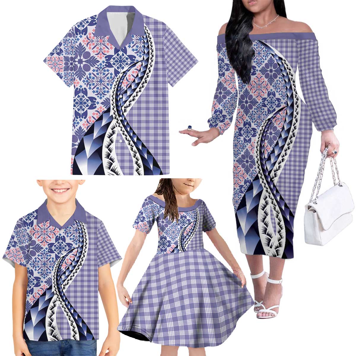 Aloha Vintage Palaka Floral Hawaiian Quilt Family Matching Off The Shoulder Long Sleeve Dress and Hawaiian Shirt Poni Motif - Polynesian Pride