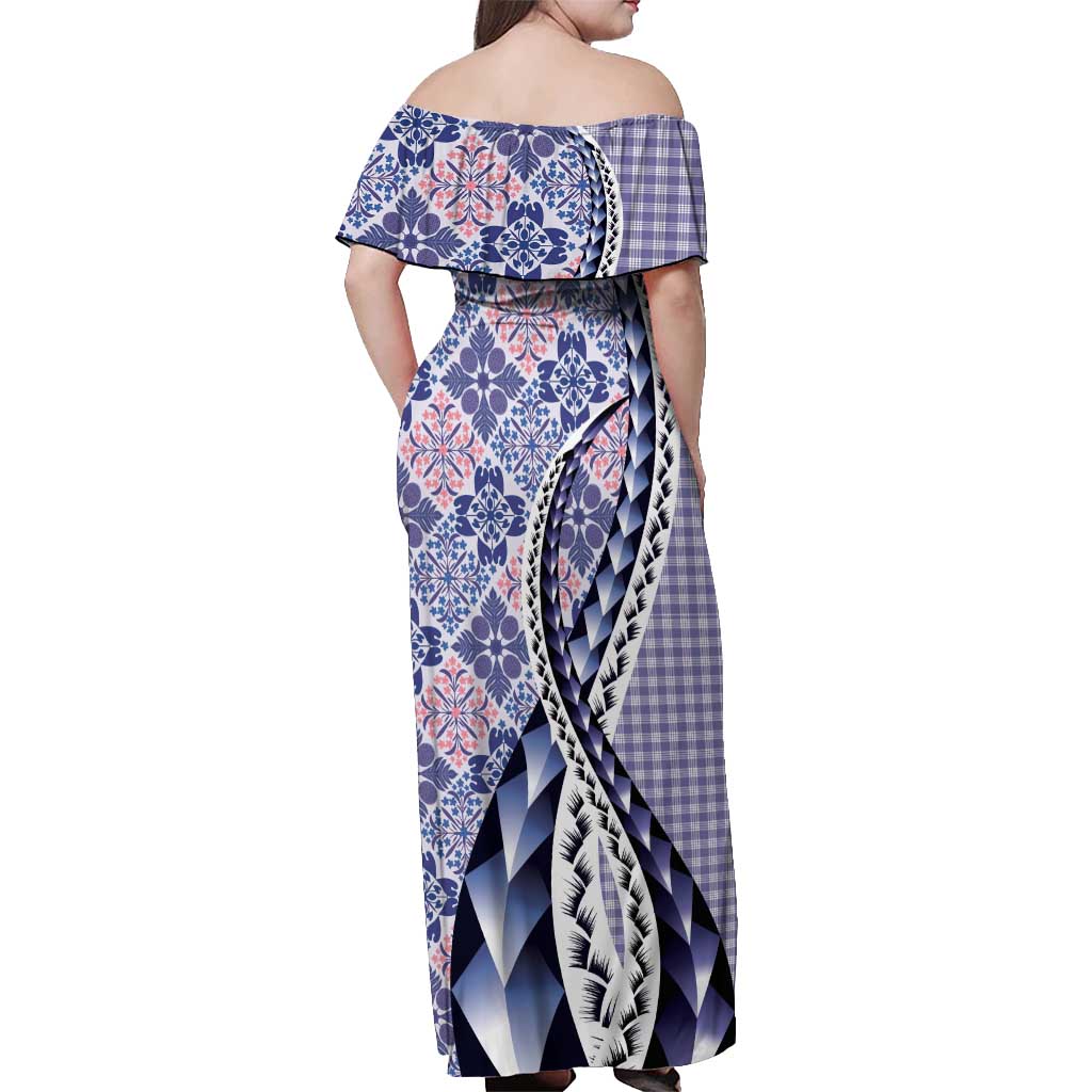 Aloha Vintage Palaka Floral Hawaiian Quilt Off Shoulder Maxi Dress Poni Motif - Polynesian Pride