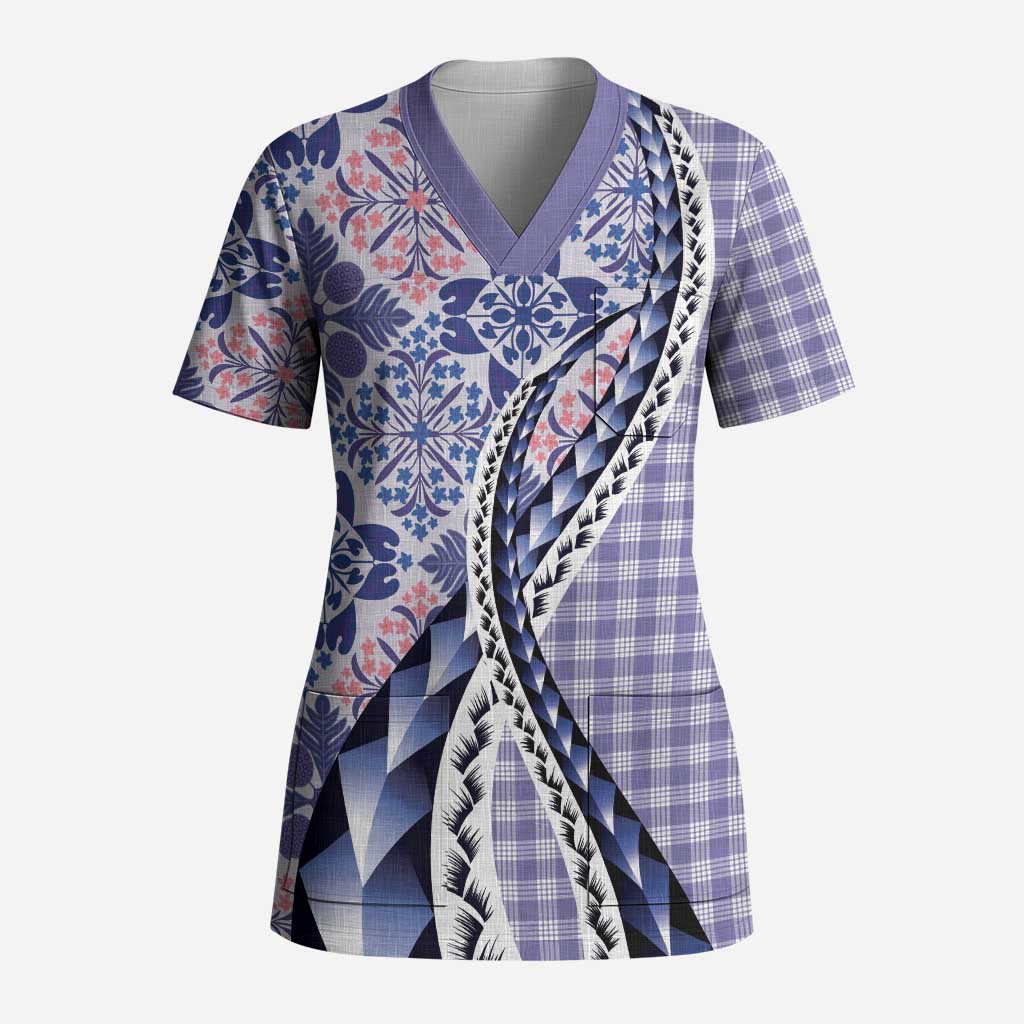 Aloha Vintage Palaka Floral Hawaiian Quilt Scrub Top Poni Motif - Polynesian Pride