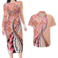 Aloha Vintage Palaka Floral Hawaiian Quilt Couples Matching Long Sleeve Bodycon Dress and Hawaiian Shirt Ulaula Motif - Polynesian Pride