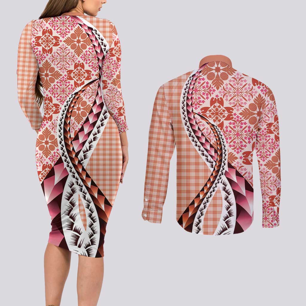 Aloha Vintage Palaka Floral Hawaiian Quilt Couples Matching Long Sleeve Bodycon Dress and Long Sleeve Button Shirt Ulaula Motif - Polynesian Pride