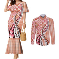 Aloha Vintage Palaka Floral Hawaiian Quilt Couples Matching Mermaid Dress and Long Sleeve Button Shirt Ulaula Motif - Polynesian Pride