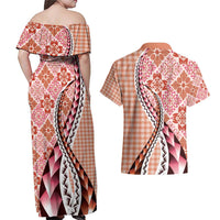 Aloha Vintage Palaka Floral Hawaiian Quilt Couples Matching Off Shoulder Maxi Dress and Hawaiian Shirt Ulaula Motif - Polynesian Pride