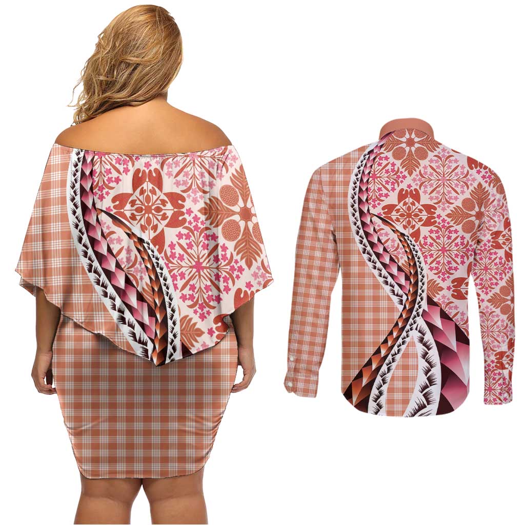 Aloha Vintage Palaka Floral Hawaiian Quilt Couples Matching Off Shoulder Short Dress and Long Sleeve Button Shirt Ulaula Motif - Polynesian Pride